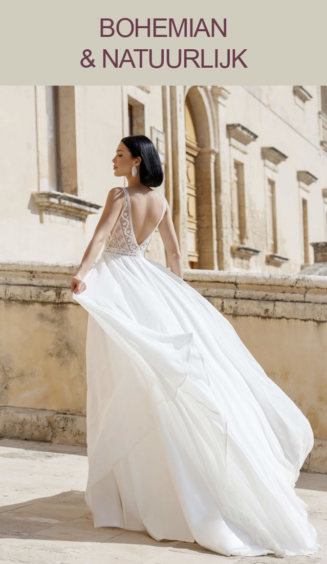 Bohemian trouwjurk met kanten top en los vallende wijde rok