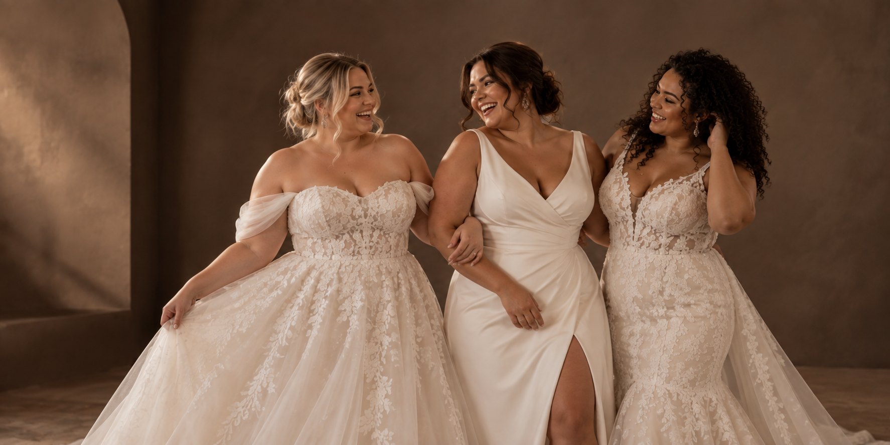 Drie curvy bruiden in verschillende trouwjurken bij Bruidsmode Chantal